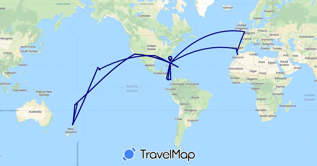 TravelMap itinerary: driving in Bahamas, Costa Rica, Fiji, United Kingdom, Morocco, New Zealand, Panama, Portugal, Turks and Caicos Islands, United States (Africa, Europe, North America, Oceania)